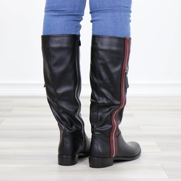 Black Below Knee Rider Boots Light Faux Fur Inside - Picture 9 of 12